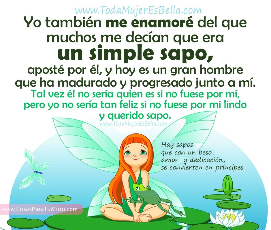 Yo tambi&eacute;n me enamor&eacute; del que muchos me dec&iacute;an que era un simple sapo, y hoy es un gran hombre que ha madurado y progresado junto a m&iacute;. Tal vez &eacute;l no ser&iacute;a quien es si no fuese por m&iacute;, pero yo no ser&iacute;a tan feliz si no fuese por mi lindo, querido sapo.