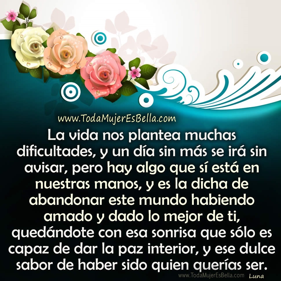 La vida nos plantea muchas dificultades, y un d&iacute;a sin m&aacute;s se ir&aacute; sin avisar, pero hay algo que s&iacute; est&aacute; en nuestras manos, y es la dicha de abandonar este mundo habiendo amado y dado lo mejor de ti, qued&aacute;ndote con esa sonrisa que s&oacute;lo es capaz de dar la paz interior, y ese dulce sabor de haber sido quien quer&iacute;as ser.
