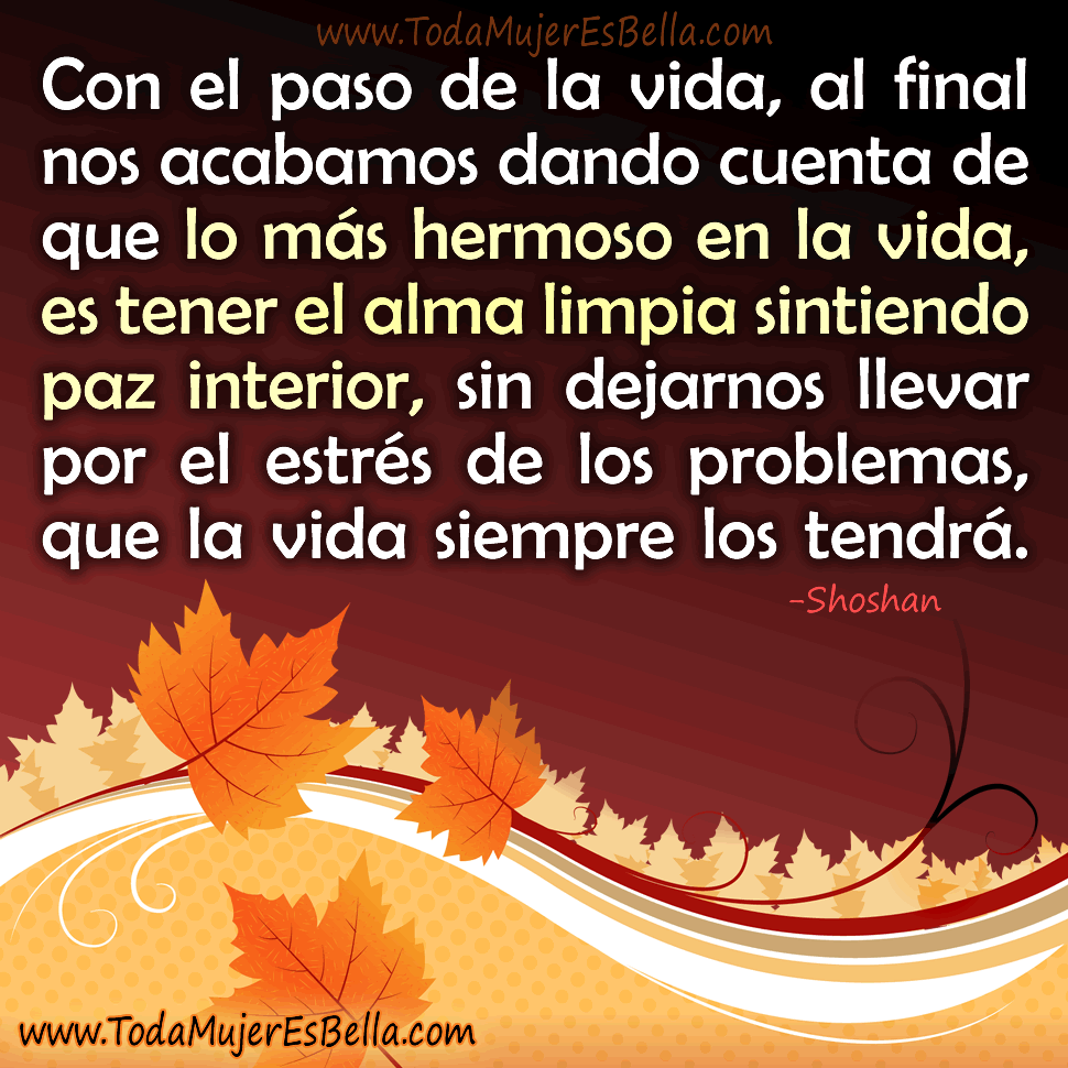 Con el paso de la vida, al final nos acabamos dando cuenta de que lo m&aacute;s hermoso en la vida, es tener el alma limpia sintiendo paz interior, sin dejarnos llevar por el estr&eacute;s de los problemas, que la vida siempre los tendr&aacute;.