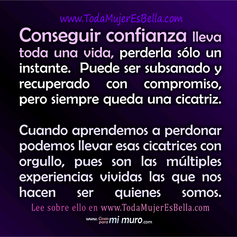 Conseguir confianza lleva toda una vida, perderla s&oacute;lo un instante. Puede ser subsanado y recuperado con compromiso, pero siempre queda una cicatriz. Cuando aprendemos a perdonar podemos llevar esas cicatrices con orgullo, pues son las m&uacute;ltiples experiencias vividas las que nos hacen ser quienes somos.